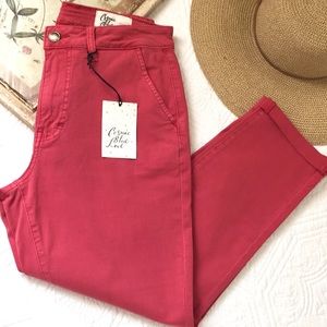 Cosmic Blue Love Women's Cropped Ankle Pants in Coral